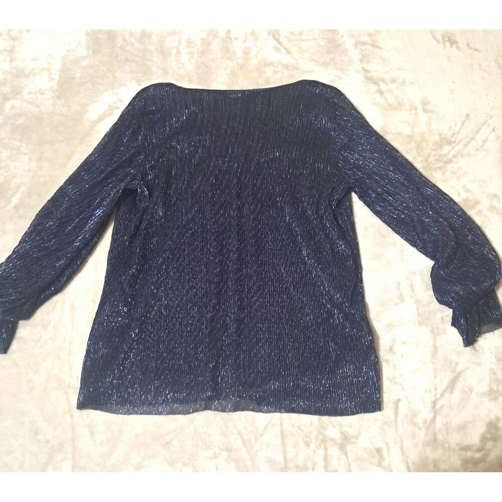 CeCe Womens Navy Blue Metallic Shimmer Blouse Large V Neck Long Sleeve Dress Top